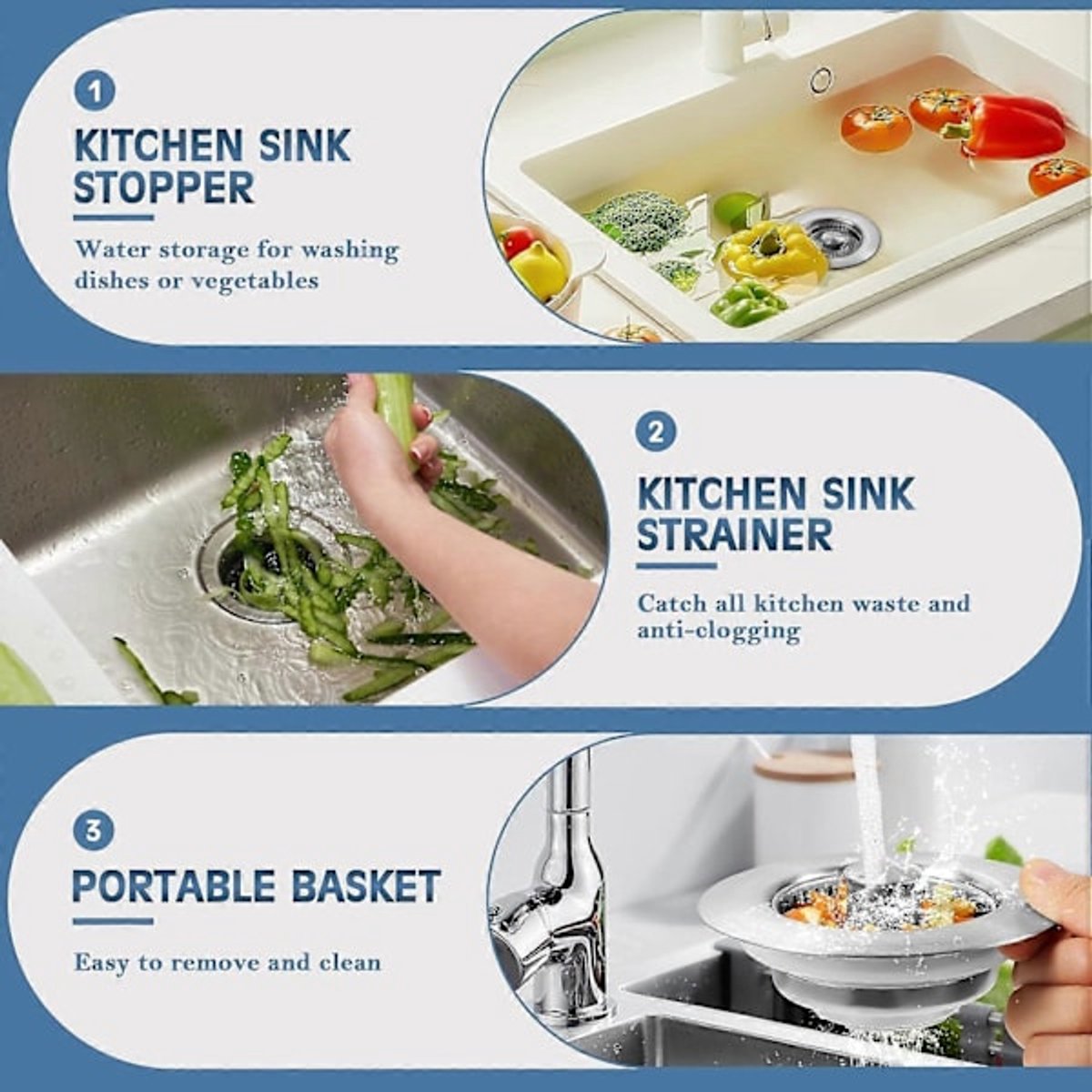 Sink Drain Strainer - 3-in-1 - Stainless Steel - Collapsible Sink Stopper - Strainer - Silver - Image 5