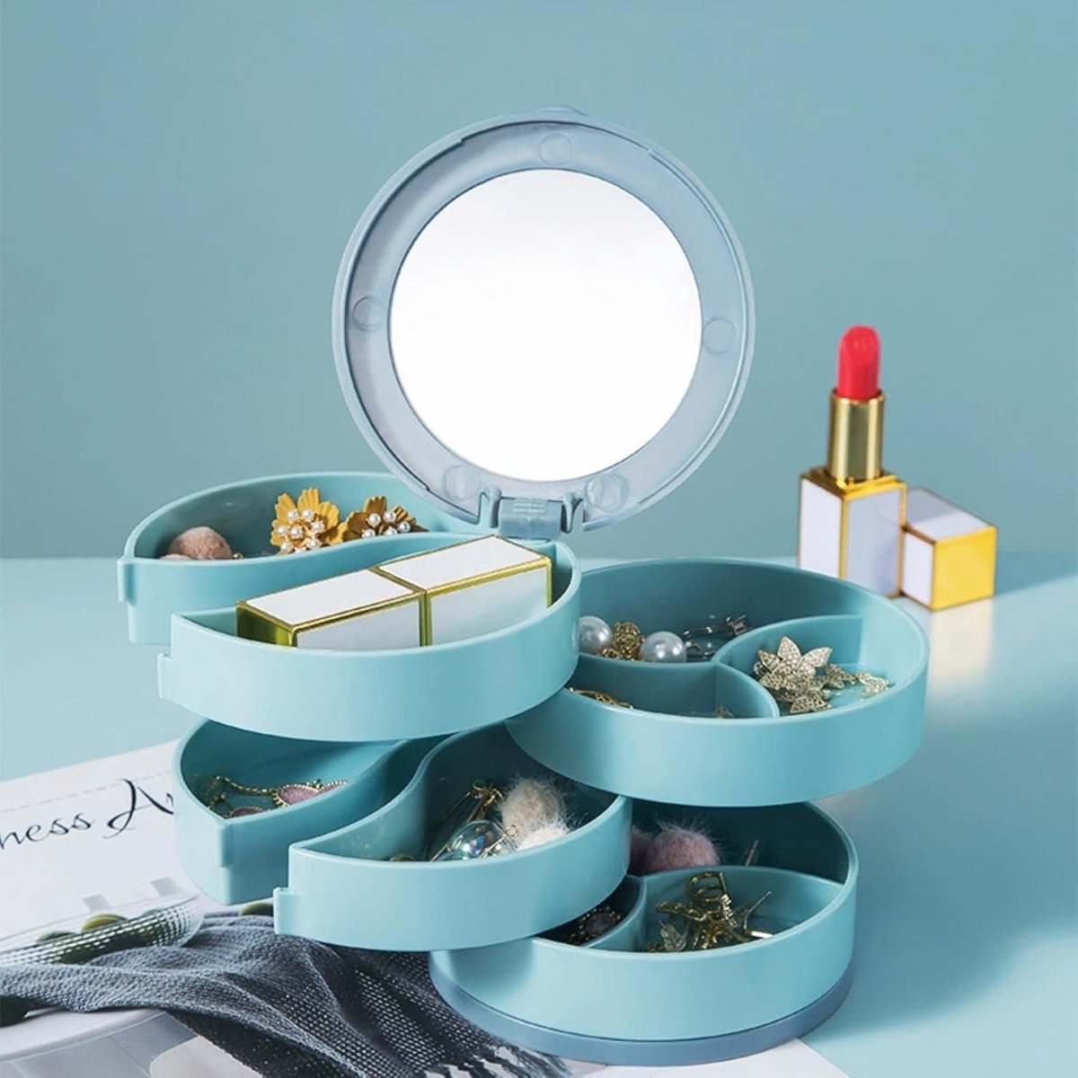 Jewelry Box - Foldable Storage Box - Rotating Jewelry Box with Multiple Layers - Elegant Storage Box for Earrings - Dust-free and Compact - Suitable for Earrings and Jewelry (Blue) - Image 1