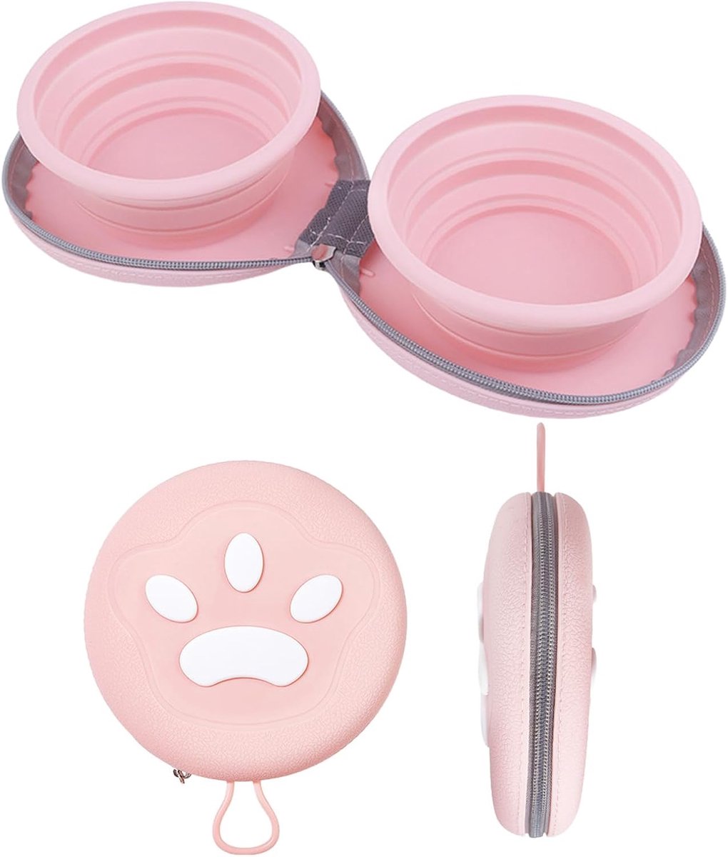Dog Food Bowl - Foldable Dog Food Bowl - Outdoor Pet Food Bowl - 2-in-1 Dog Food Bowl - with Zippered Storage Bag and Carabiner - Suitable for Travel, Hiking, Camping and Other Activities (Pink) - Image 1