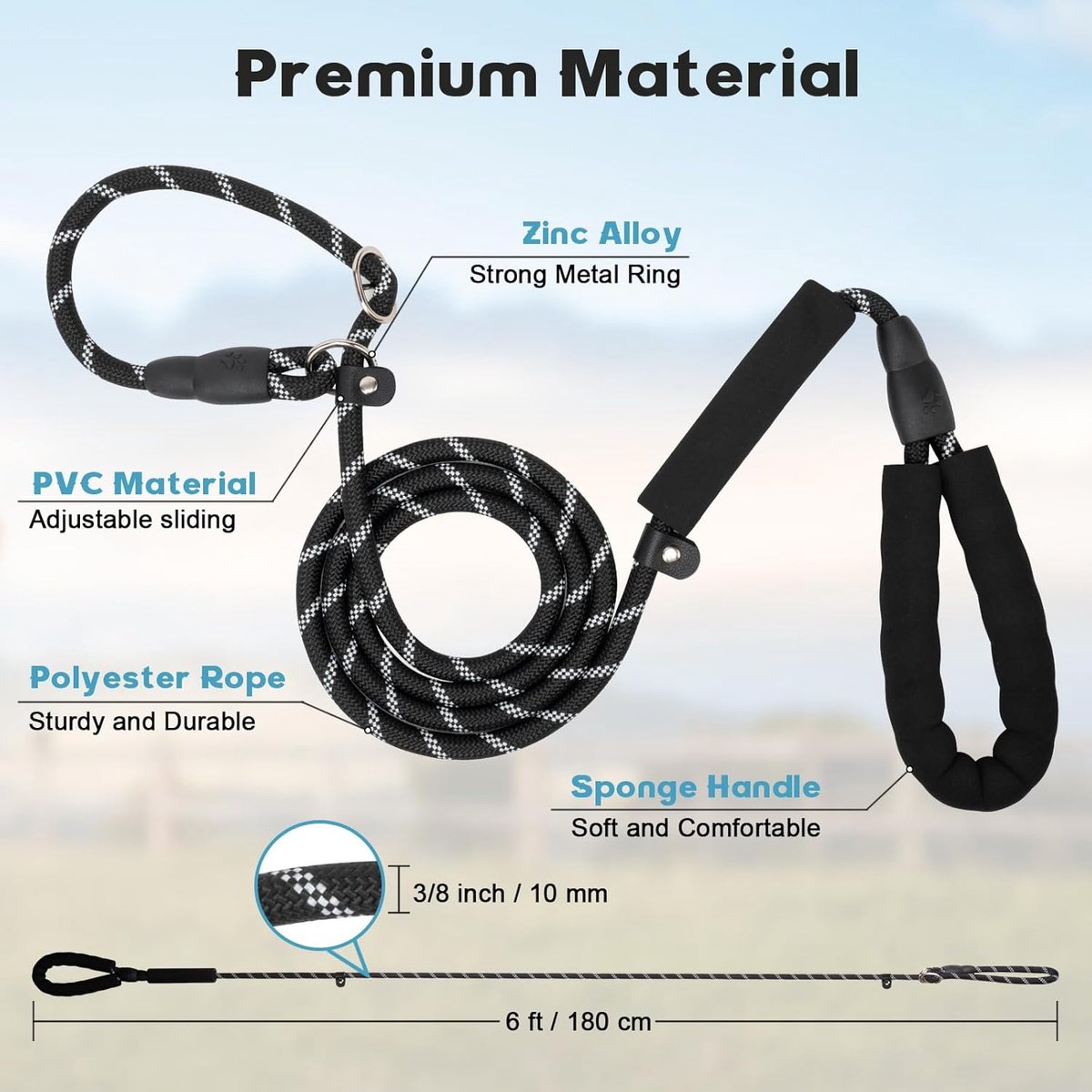 1.8m Long Dog Training Leash - Durable, tension-free polyester dog leash with two padded handles and reflective thread - For small and medium-sized dogs - Black - Image 2