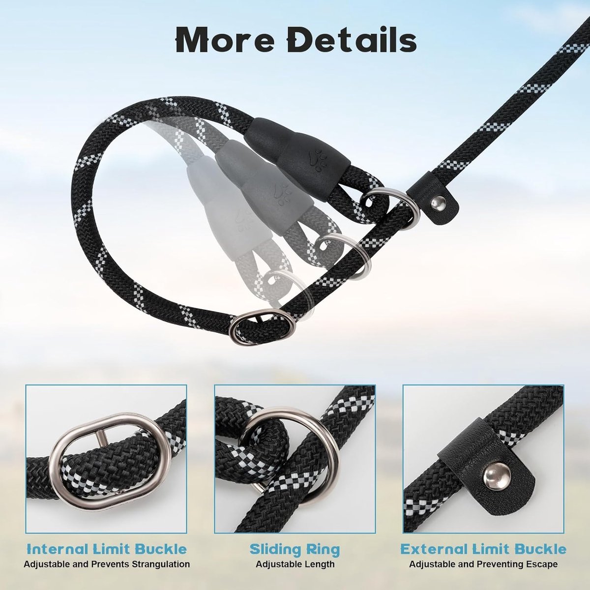 1.8m Long Dog Training Leash - Durable, tension-free polyester dog leash with two padded handles and reflective thread - For small and medium-sized dogs - Black - Image 3