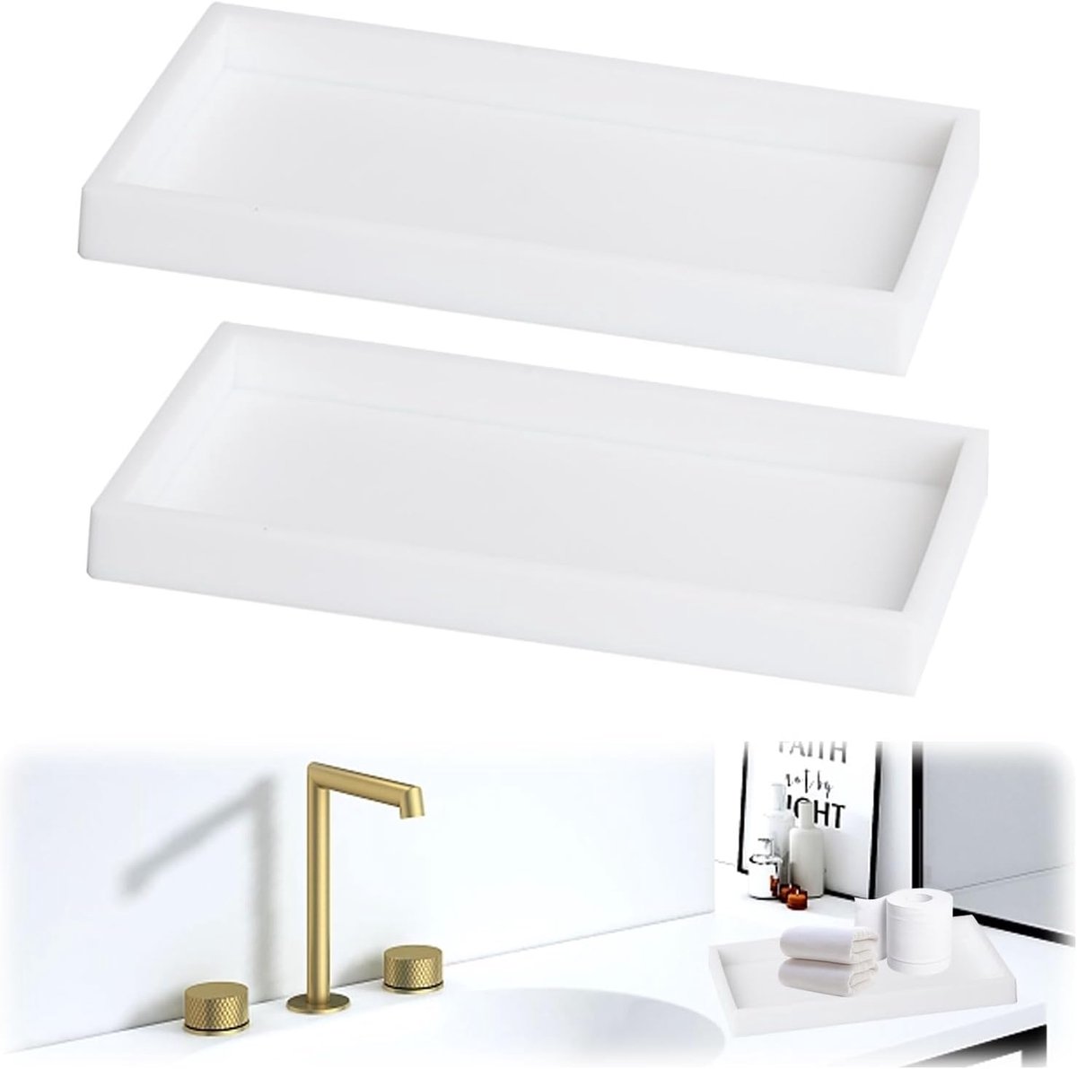 Tray - Two-piece set - Dressing table tray - Bathroom storage tray - Cosmetics storage tray - Bathroom storage box - Suitable for storing candles, soap, towels, perfume, etc. - White - 20x10x1.8 cm - Image 1