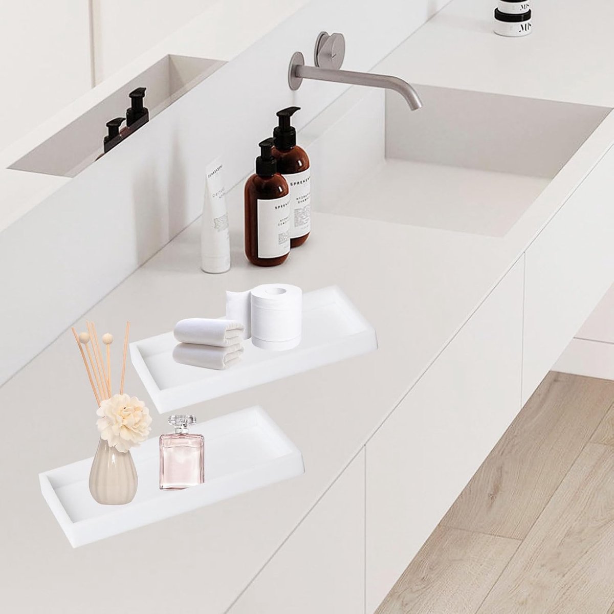 Tray - Two-piece set - Dressing table tray - Bathroom storage tray - Cosmetics storage tray - Bathroom storage box - Suitable for storing candles, soap, towels, perfume, etc. - White - 20x10x1.8 cm - Image 3