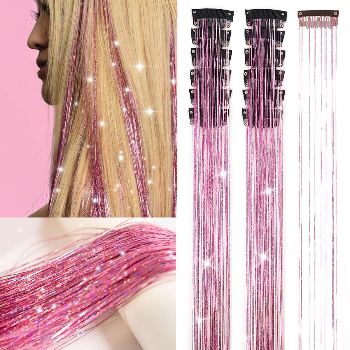 Hair Tinsels - Festival Glitter Hair Extensions - Glittery Hair Extensions - 12-Piece Clip-On Hair Accessory Set - 52cm, for Christmas and New Year, Glittery Hair Extensions, Suitable for Women, Girls and Children (Pink) - Image 1