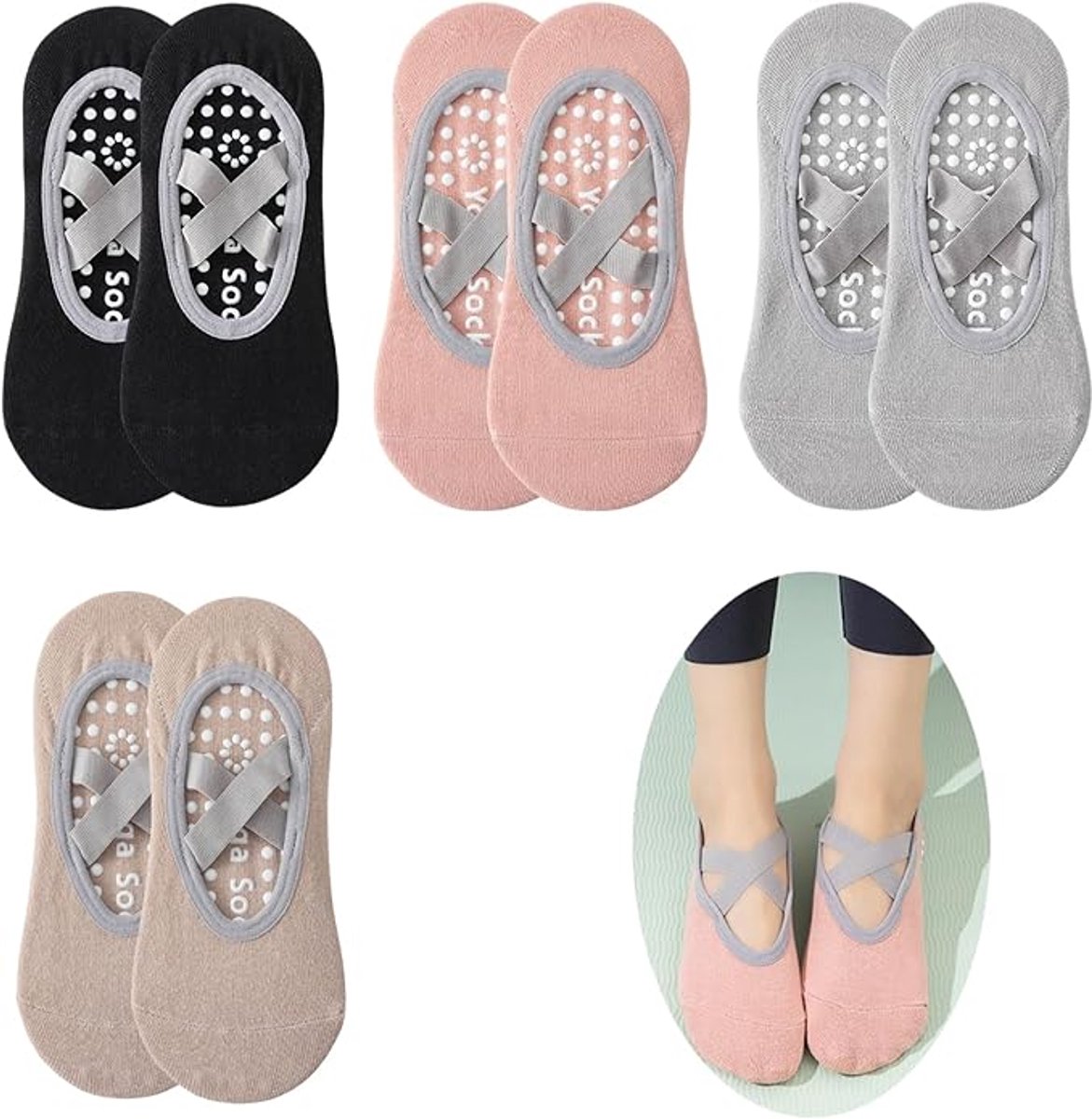 Yoga Socks (4 pairs) - Non-slip socks - Non-slip yoga socks for women - Sizes 35-41 - Pilates socks for women, Non-slip - Fitness Non-slip - Suitable for Pilates, Dance, Fitness - Image 1