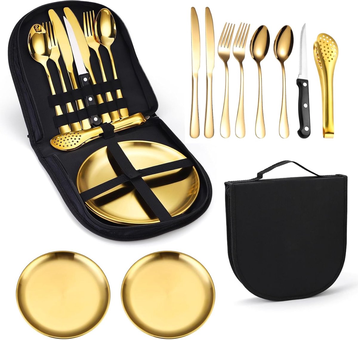 2 Person Cutlery Set (10-piece) - Camping Set for 2 People - Spoons, Knives, Forks, Steak Knives - 10 Pieces Stainless Steel Cutlery - Including Carrying Bag - For Picnic & Travel - Gold - Image 1