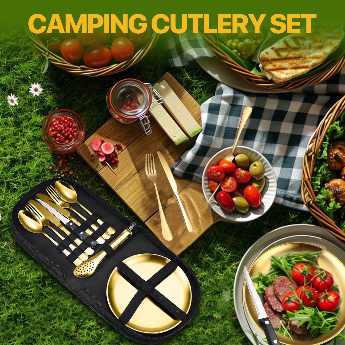 2 Person Cutlery Set (10-piece) - Camping Set for 2 People - Spoons, Knives, Forks, Steak Knives - 10 Pieces Stainless Steel Cutlery - Including Carrying Bag - For Picnic & Travel - Gold - Image 5
