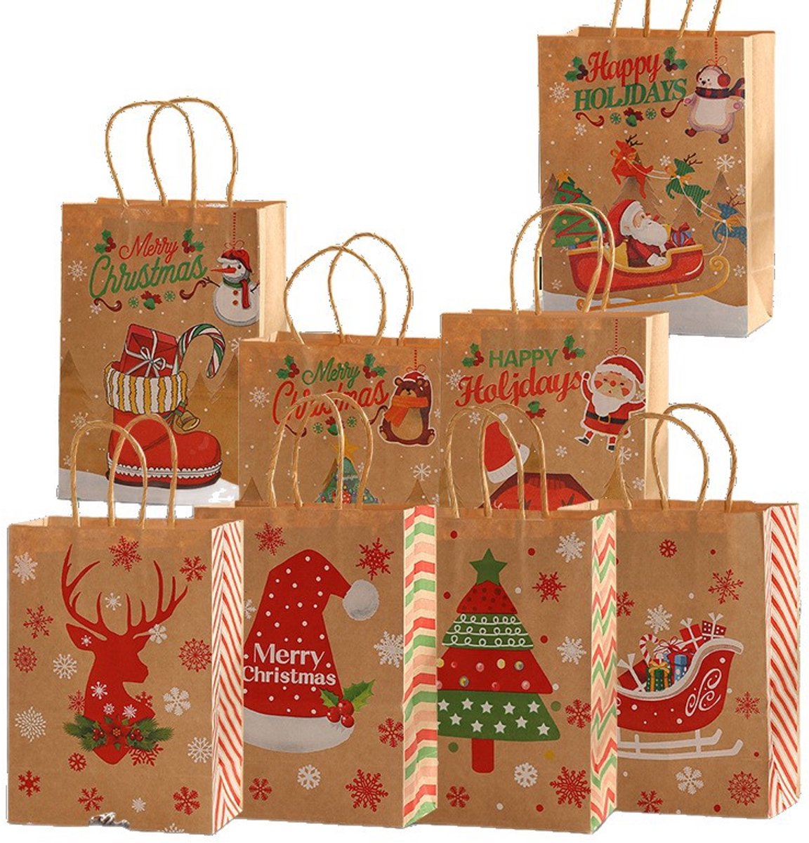 Gift Bags - 8 pieces - Christmas gift bags - Paper gift bags - Christmas gift bags - Kraft paper bags - Suitable for Christmas Eve and Christmas gift wrapping - Image 1