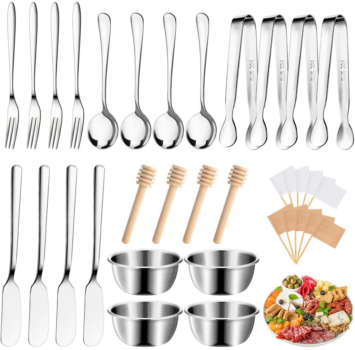cutlery set - 34-piece set - cheese knife | pastry forks | oval coffee spoons | kitchen tongs & serving tongs | stirring spoon | stainless steel bowl | blank food labels - Image 1