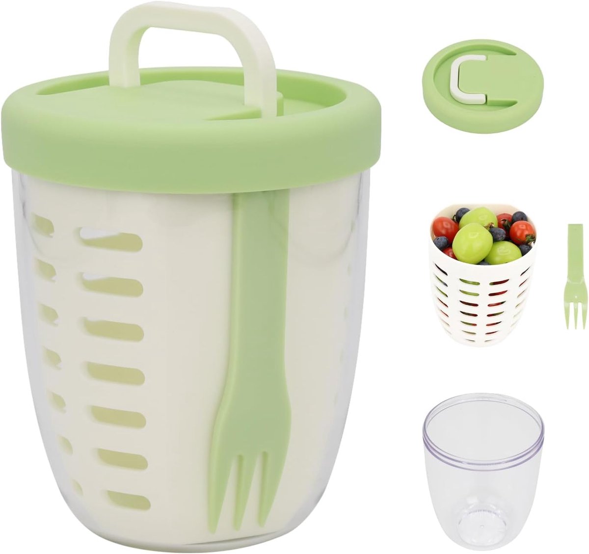 Fruit Bowl - Salad Bowl - Leakproof reusable food container with lid and draining basket - Suitable for work, school, and travel. - 650 ml (Vegetable) - Image 1