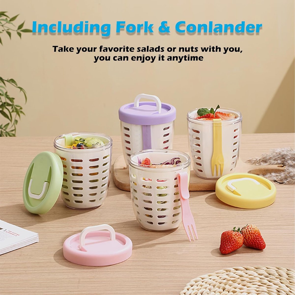 Fruit Bowl - Salad Bowl - Leakproof reusable food container with lid and draining basket - Suitable for work, school, and travel. - 650 ml (Vegetable) - Image 3