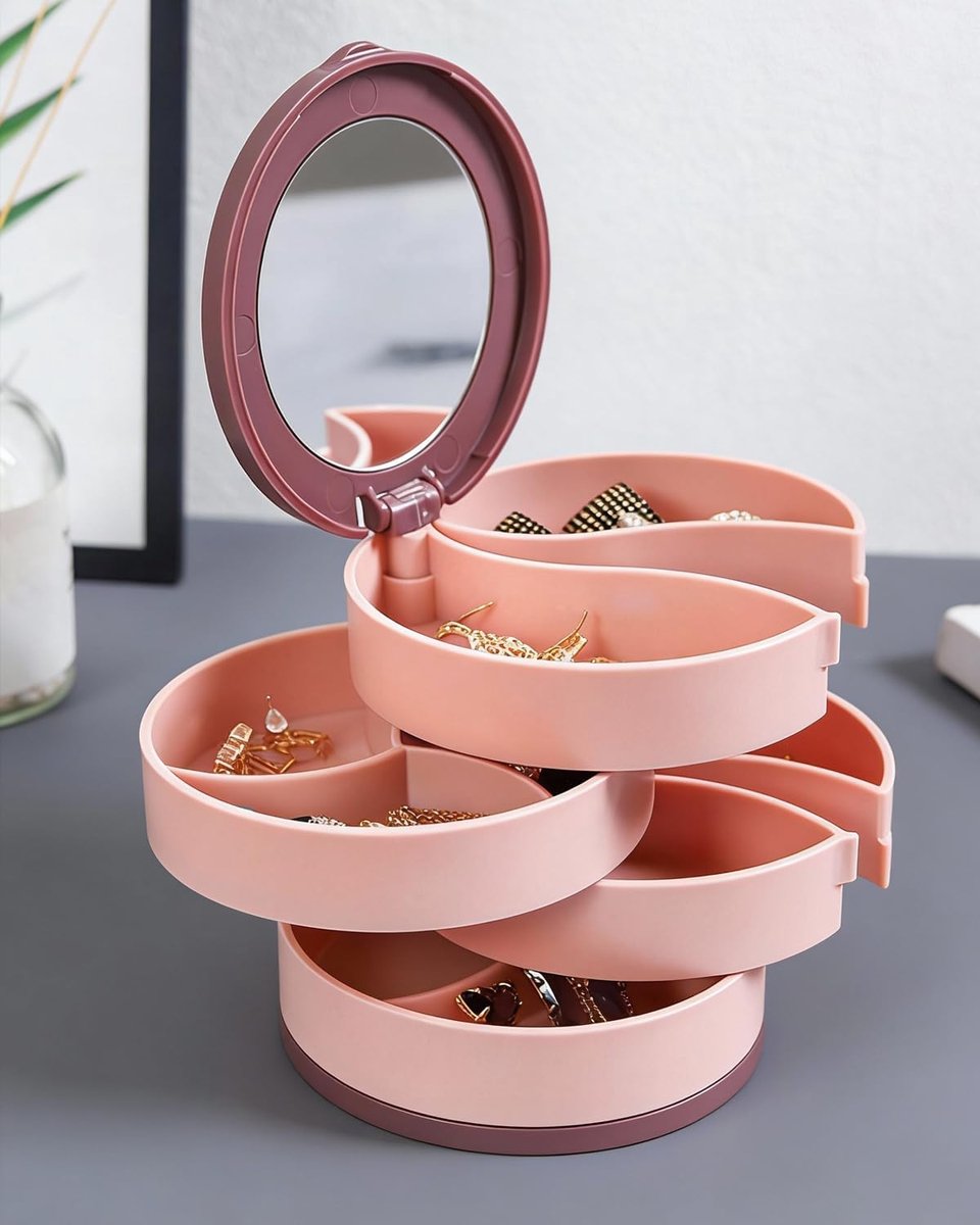 Jewelry Box - Foldable Storage Box - Rotating Jewelry Box with Multiple Layers - Elegant Storage Box for Earrings - Dust-free and Compact - Suitable for Earrings and Jewelry (Pink) - Image 1