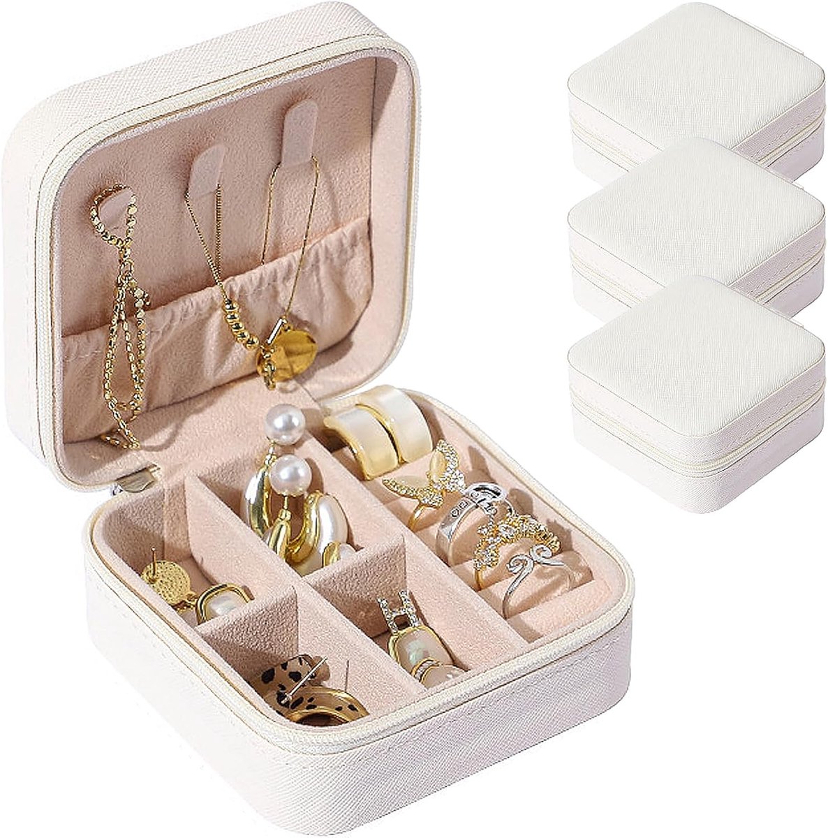 Jewelry Organizer Set - 3-Piece Set - Leather Jewelry Box - Portable Jewelry Organizer - Rings, Earrings, Necklaces, Bracelets - (White) - Jewelry Organizer - Christmas Gift - Birthday Gift - Image 1
