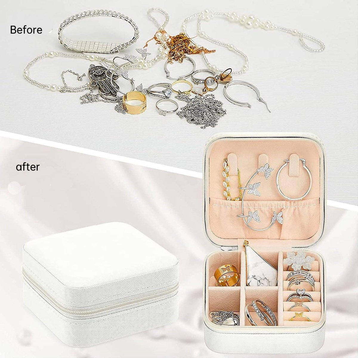 Jewelry Organizer Set - 3-Piece Set - Leather Jewelry Box - Portable Jewelry Organizer - Rings, Earrings, Necklaces, Bracelets - (White) - Jewelry Organizer - Christmas Gift - Birthday Gift - Image 3