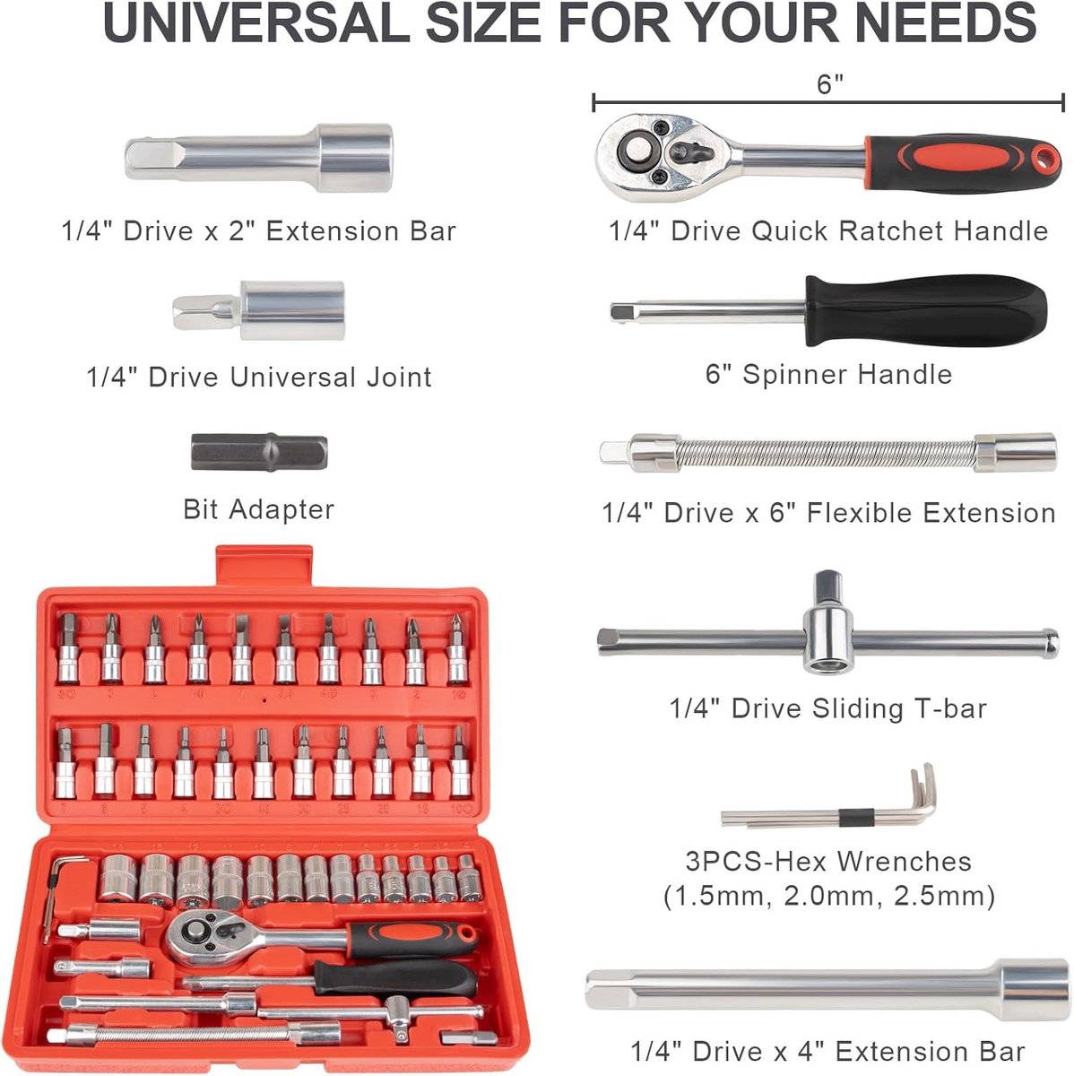 46-Piece Wrench & Ratchet Set - 1/4 Inch Metric for Cars - Compact Storage Case - Image 2