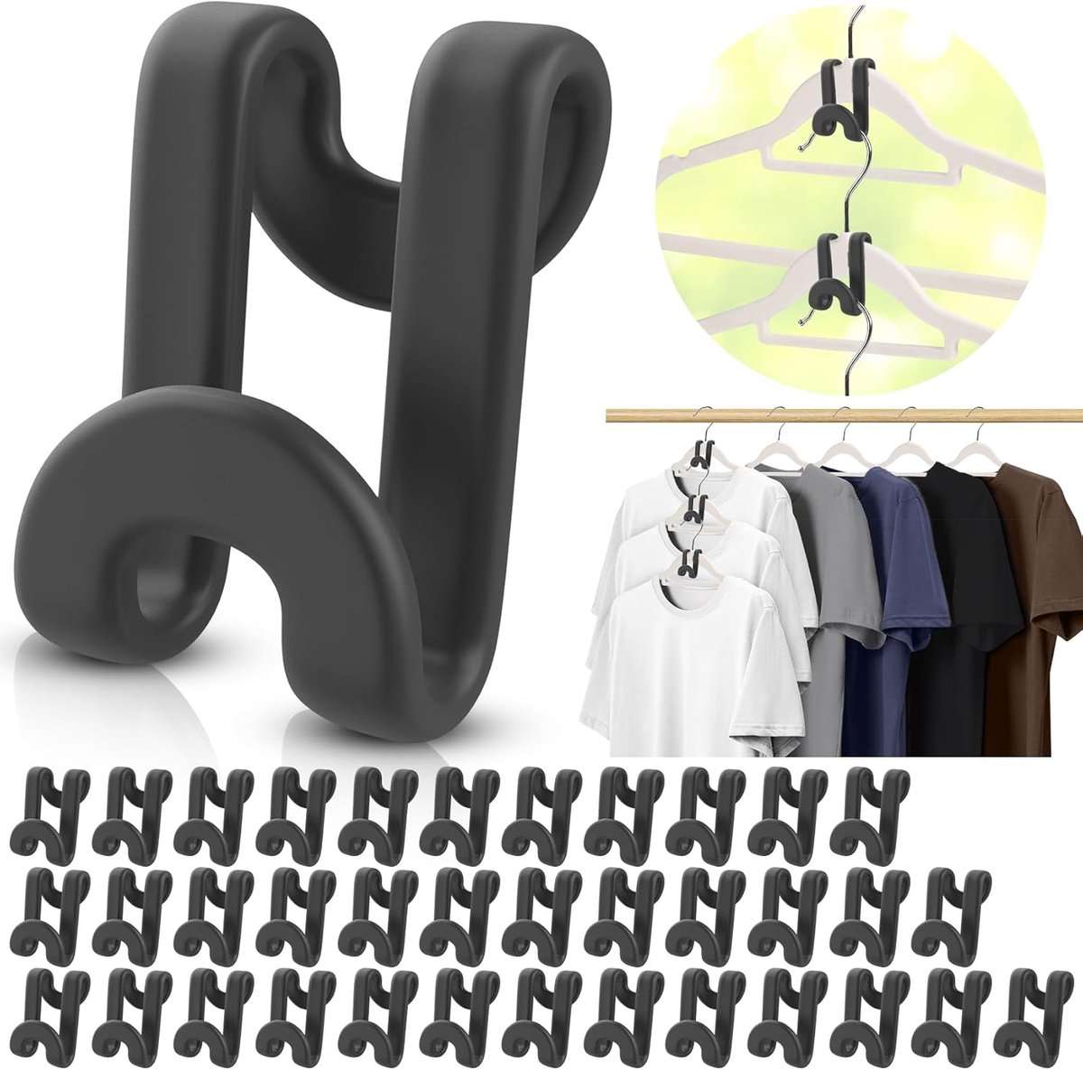 Hanger Hooks | Hooks - S-Hook Hangers - Black - Pack of 100 - Coat Hooks - Space-Saving Hanger Connector Hooks - Plastic Hanger Connectors - Ideal for Organizing Your Wardrobe - Image 1