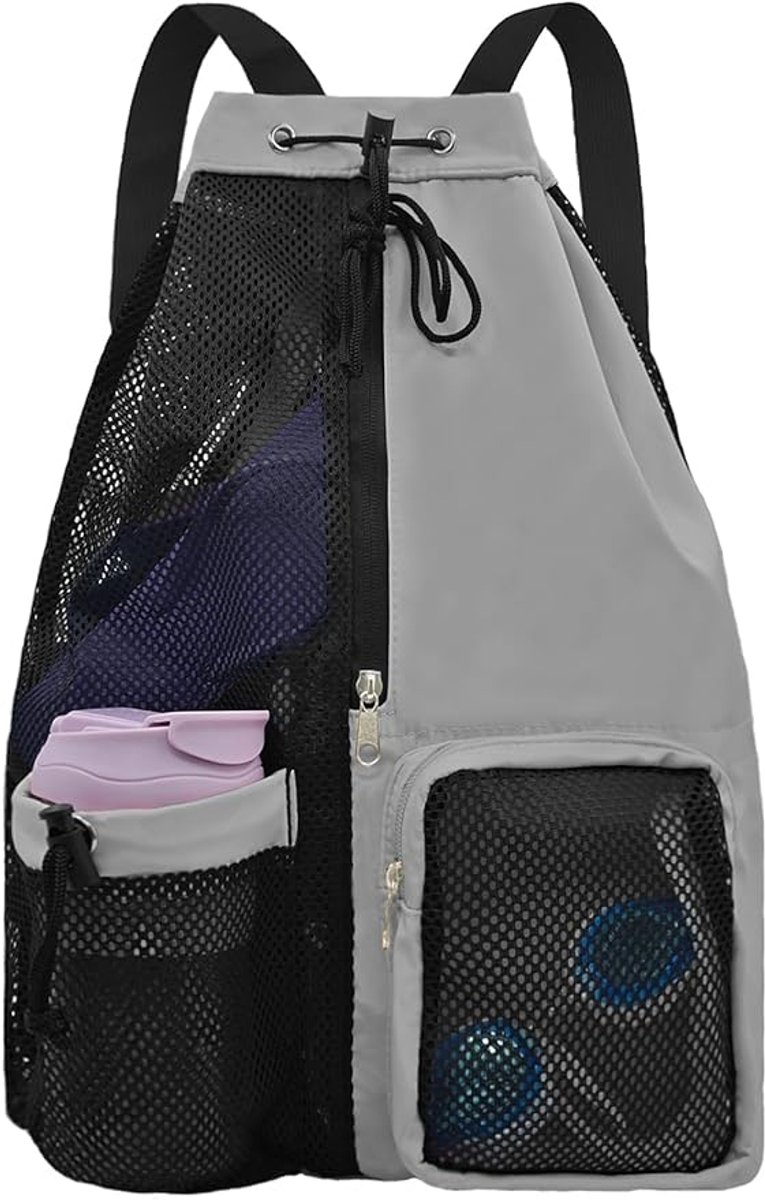 Backpack - Sports Bag - Travel Bag - Training Bag - Swimming Bag - 30*15*45cm - Mesh Material - Drawstring Design - Side Storage Space - Unisex - Suitable for Fitness, Swimming, Travel, Dancing, Camping（Gray） - Image 1