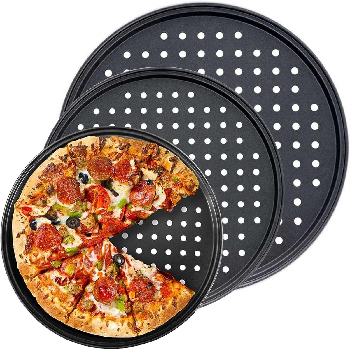 Pizza Baking Pan Set - Pizza Stone Set - Pizza Platter | Pizza Baking Tray | Pizza Plate - Carbon Steel - With Ventilation Holes - Oven-Safe - Home | Kitchen | Dining Room (26cm & 28cm & 32cm) - Image 1