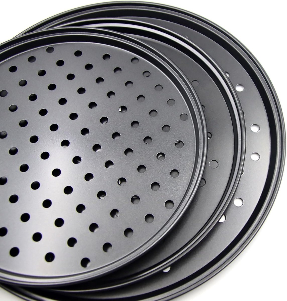 Pizza Baking Pan Set - Pizza Stone Set - Pizza Platter | Pizza Baking Tray | Pizza Plate - Carbon Steel - With Ventilation Holes - Oven-Safe - Home | Kitchen | Dining Room (26cm & 28cm & 32cm) - Image 3