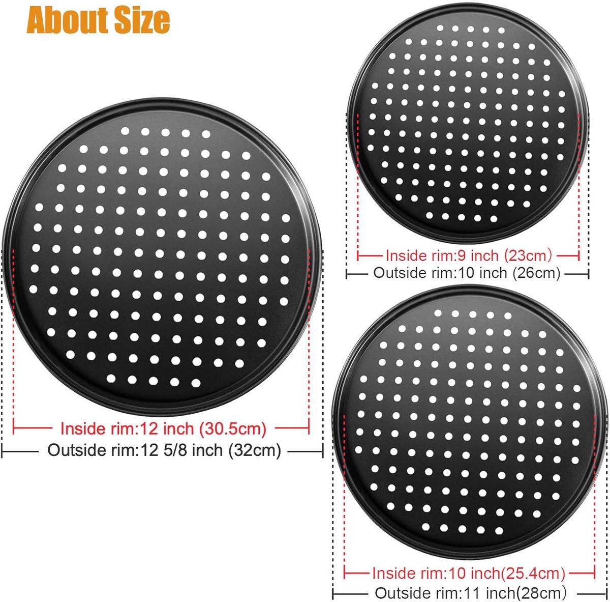 Pizza Baking Pan Set - Pizza Stone Set - Pizza Platter | Pizza Baking Tray | Pizza Plate - Carbon Steel - With Ventilation Holes - Oven-Safe - Home | Kitchen | Dining Room (26cm & 28cm & 32cm) - Image 7