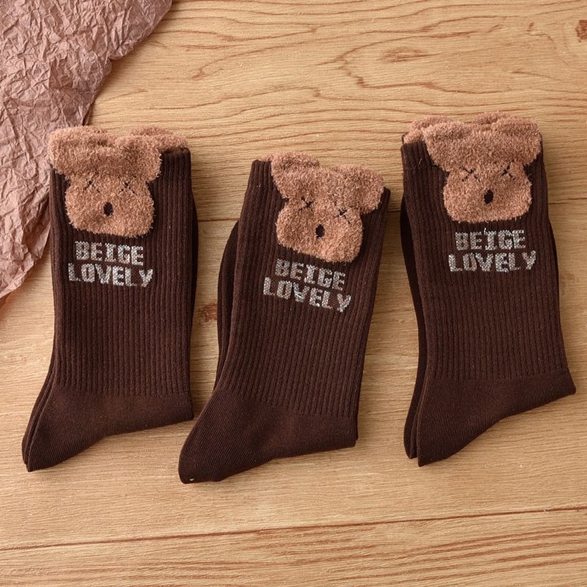 Socks 3-pack - House socks - fluffy socks - Casual socks - Indoor & Outdoor Wearable - Soft & Warm - socks men - socks women - Unisex Women - Size 36 to 42 - Dark brown bear - Image 1