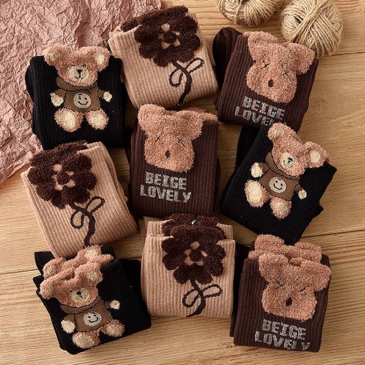 Socks 3-pack - House socks - fluffy socks - Casual socks - Indoor & Outdoor Wearable - Soft & Warm - socks men - socks women - Unisex Women - Size 36 to 42 - Dark brown bear - Image 2