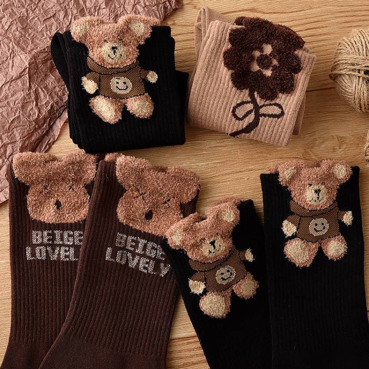 Socks 3-pack - House socks - fluffy socks - Casual socks - Indoor & Outdoor Wearable - Soft & Warm - socks men - socks women - Unisex Women - Size 36 to 42 - Dark brown bear - Image 3