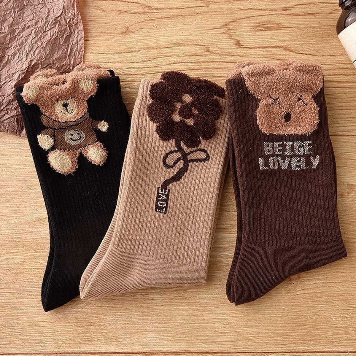 Socks 3-pack - House socks - fluffy socks - Casual socks - Indoor & Outdoor Wearable - Soft & Warm - socks men - socks women - Unisex Women - Size 36 to 42 - Dark brown bear - Image 4