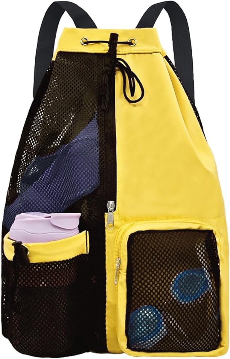 Backpack - Sports Bag - Travel Bag - Training Bag - Swimming Bag - 30*15*45cm - Mesh Material - Drawstring Design - Side Storage Space - Unisex - Suitable for Fitness, Swimming, Travel, Dancing, Camping（Yellow） - Image 1