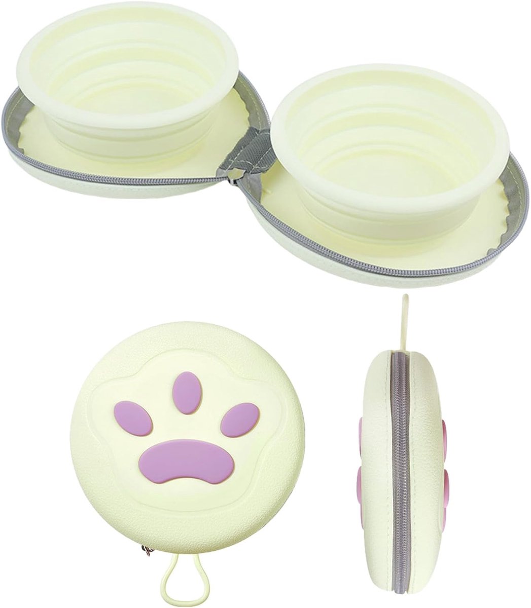 Dog Food Bowl - Foldable Dog Food Bowl - Outdoor Pet Food Bowl - 2-in-1 Dog Food Bowl - with Zippered Storage Bag and Carabiner - Suitable for Travel, Hiking, Camping and Other Activities (Beige) - Image 1