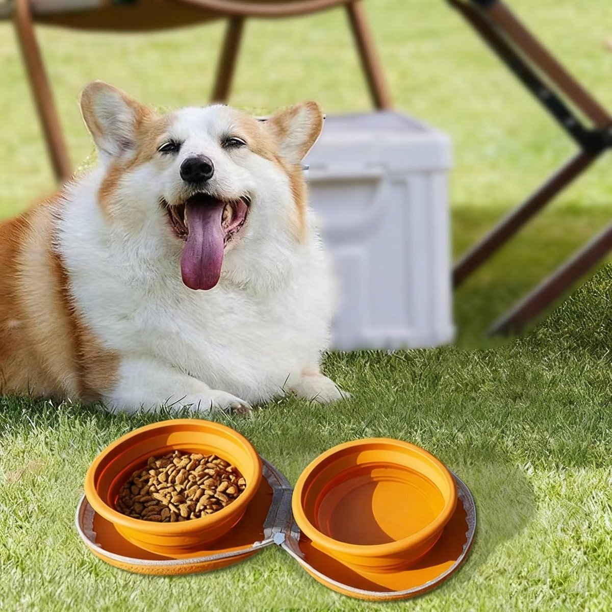 Dog Food Bowl - Foldable Dog Food Bowl - Outdoor Pet Food Bowl - 2-in-1 Dog Food Bowl - with Zippered Storage Bag and Carabiner - Suitable for Travel, Hiking, Camping and Other Activities (Beige) - Image 2