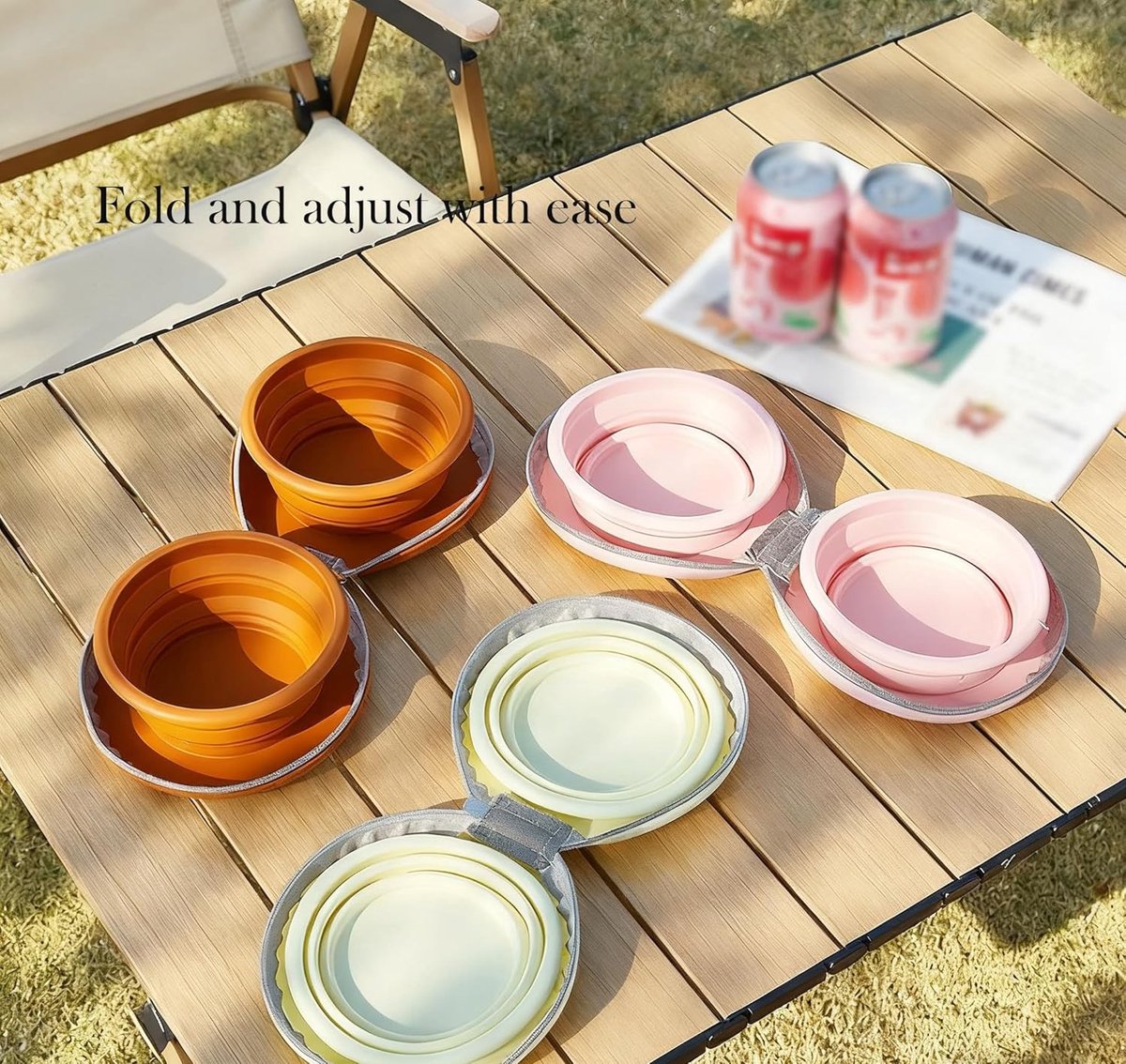 Dog Food Bowl - Foldable Dog Food Bowl - Outdoor Pet Food Bowl - 2-in-1 Dog Food Bowl - with Zippered Storage Bag and Carabiner - Suitable for Travel, Hiking, Camping and Other Activities (Beige) - Image 4