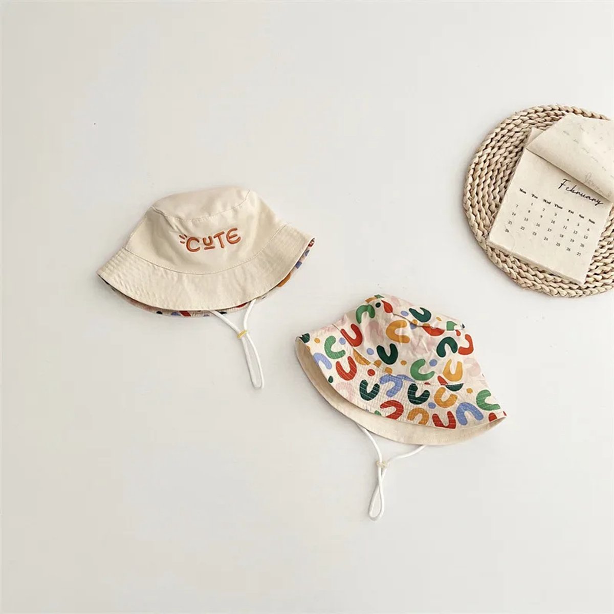 Baby Hat - Reversible Summer Hat - Summer Hat with Embroidered Letters - Size 48 - Image 2