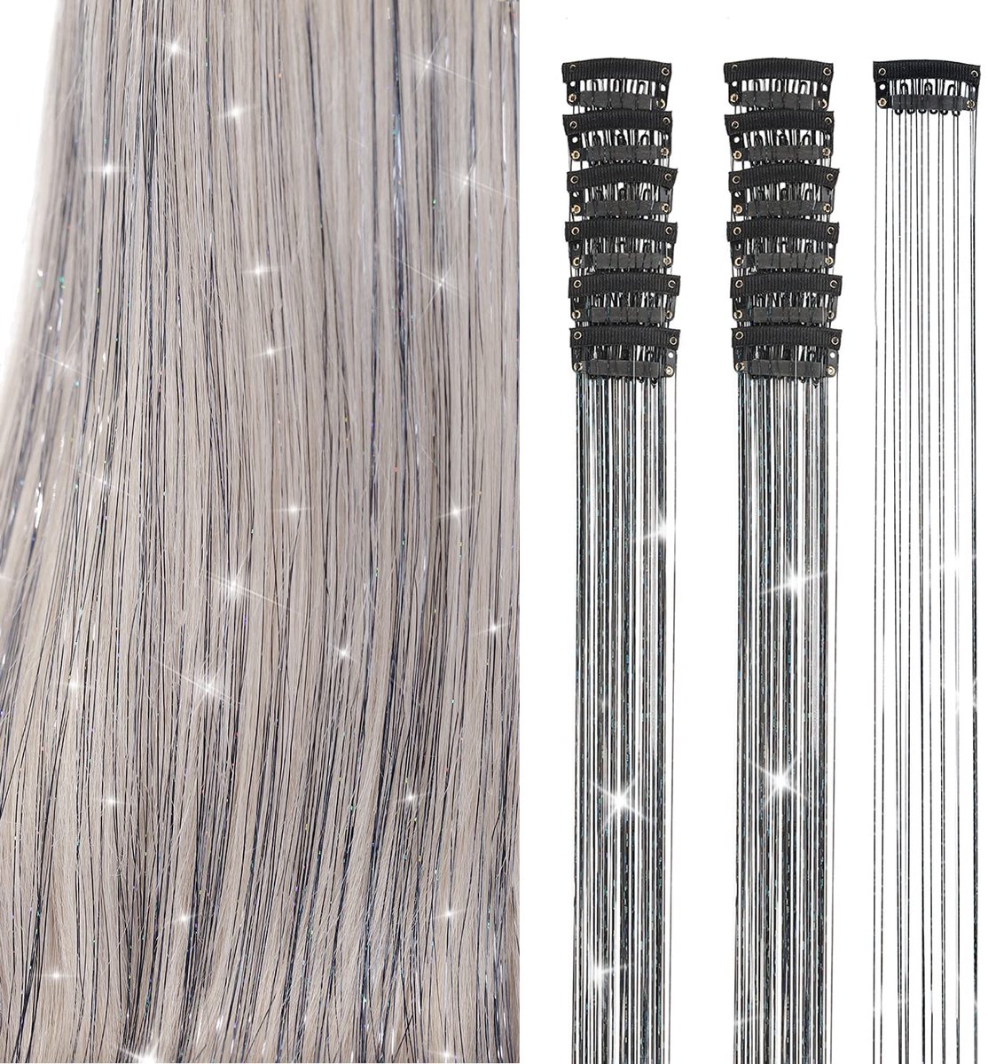 Hair Tinsels - Festival Hair Extensions - Glitter Hair Extensions - 12-Piece Clip-On Hair Accessory Set - 52cm Long Glitter Hair Extensions, for Christmas and New Year, Glitter Hair Extensions, Suitable for Women, Girls and Children (Black) - Image 1