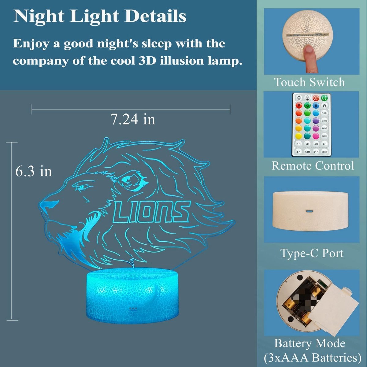 Night Light for Kids - 3D - Baby Night Light - 16 Color Changes - With Remote Control and Timer - RGB Flashing Mode - Bedroom Table Lamp - Lion Light - Christmas and Birthday Gift - Image 2