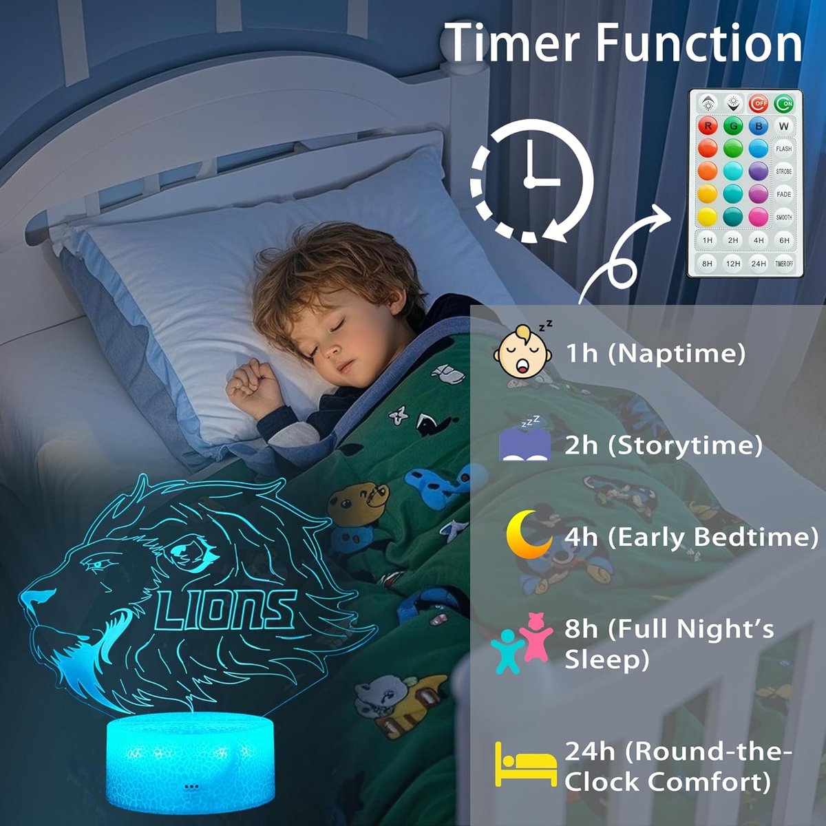 Night Light for Kids - 3D - Baby Night Light - 16 Color Changes - With Remote Control and Timer - RGB Flashing Mode - Bedroom Table Lamp - Lion Light - Christmas and Birthday Gift - Image 4