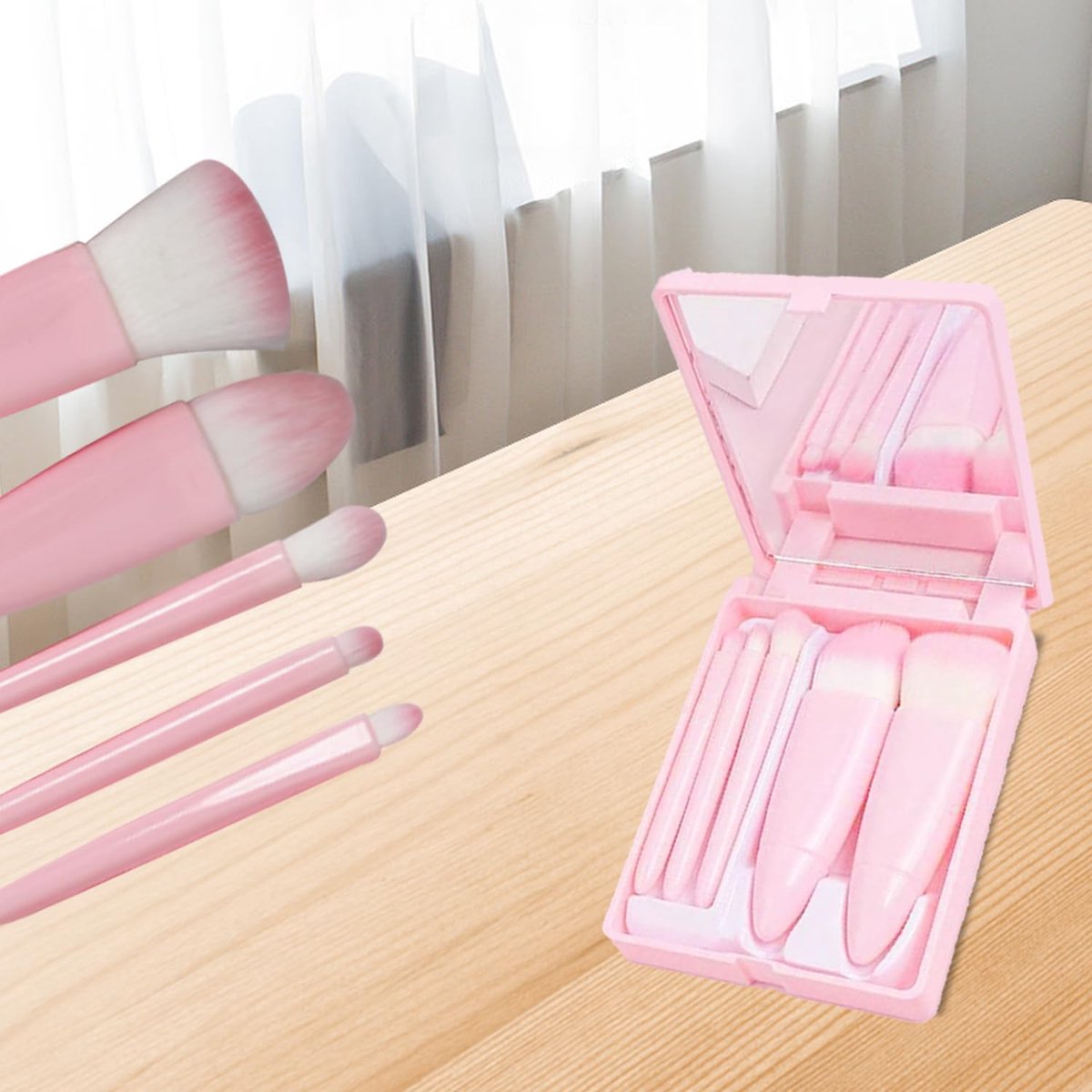 Makeup Brush Set - 5-Pack - Portable - Travel Makeup Brush Set with Mirror Case - Professional Foundation Brush, Eyeshadow Brush, and Blending Brush for Women - Barbie Pink - Image 1