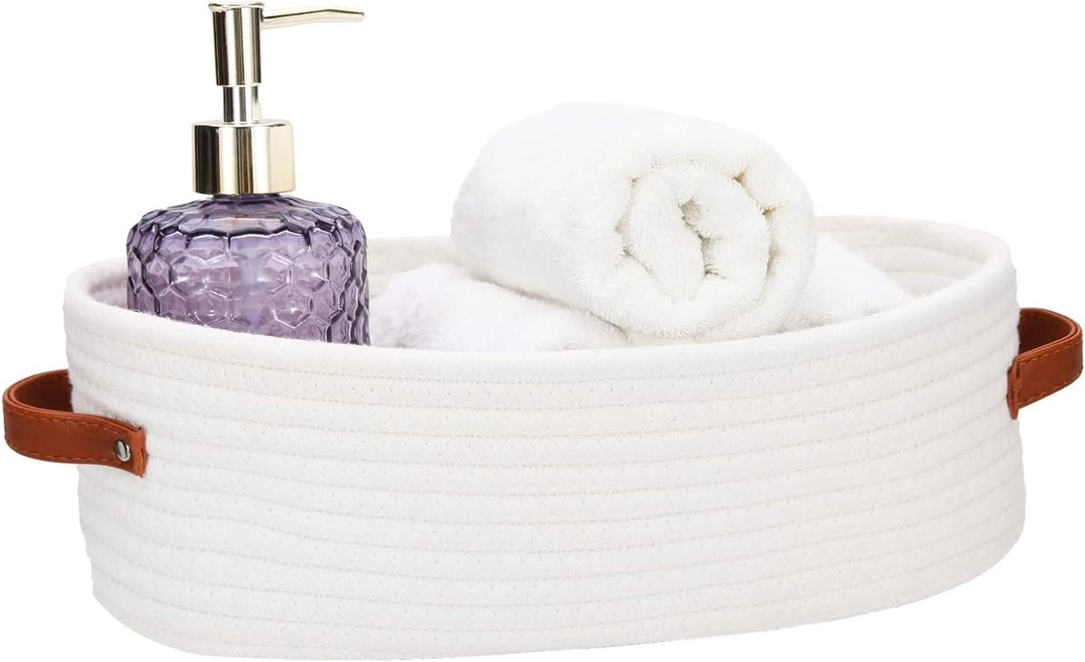 Storage Baskets - Bathroom Storage Baskets - Bathroom Countertop Storage Baskets - Bathroom Baskets Made of Braided Cotton Rope - Toilet Paper Baskets with Leather Handles - Suitable for Bathrooms, Bedrooms, and Living Rooms - Image 1