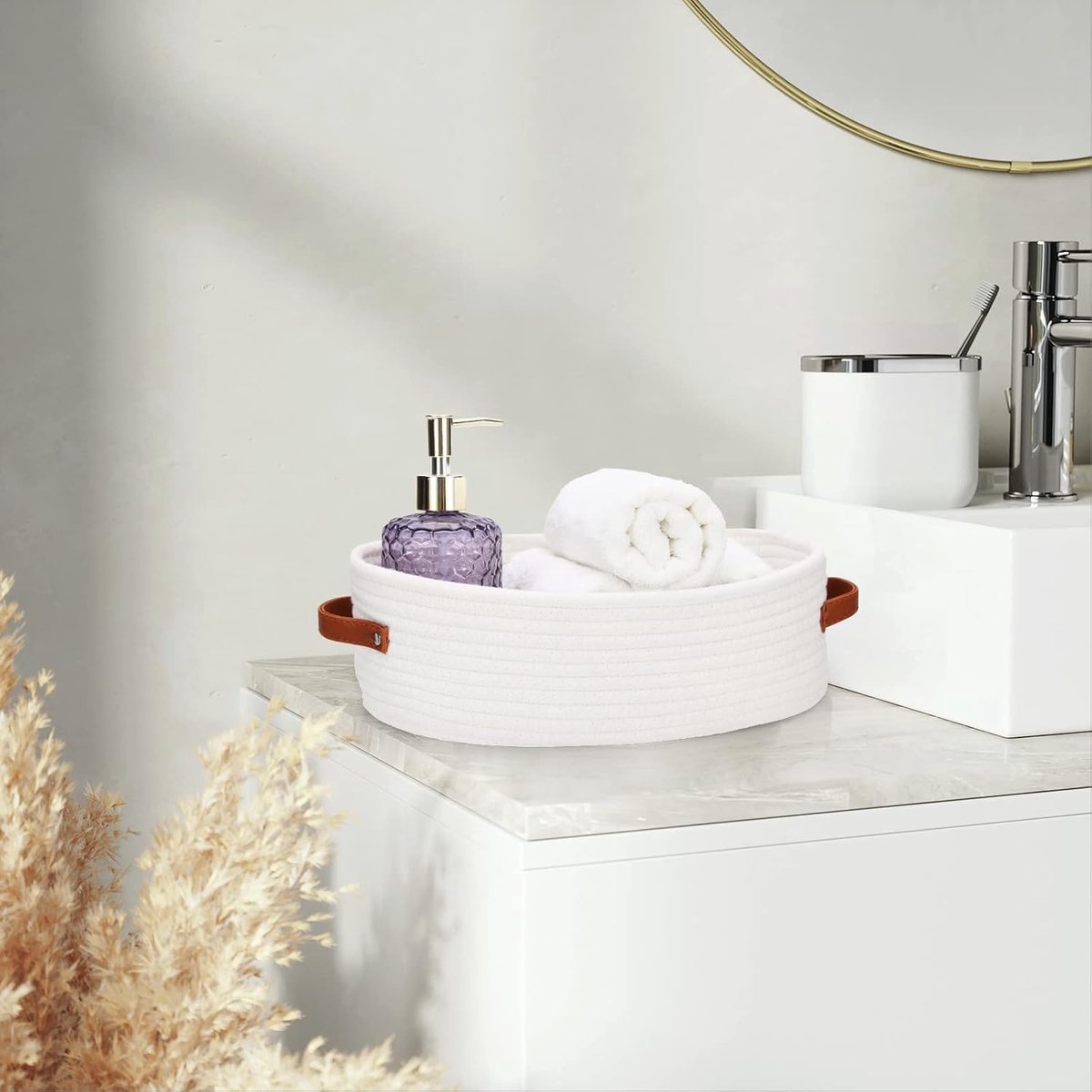 Storage Baskets - Bathroom Storage Baskets - Bathroom Countertop Storage Baskets - Bathroom Baskets Made of Braided Cotton Rope - Toilet Paper Baskets with Leather Handles - Suitable for Bathrooms, Bedrooms, and Living Rooms - Image 3