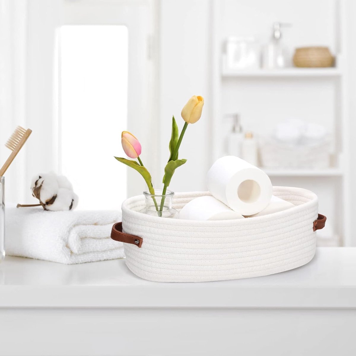 Storage Baskets - Bathroom Storage Baskets - Bathroom Countertop Storage Baskets - Bathroom Baskets Made of Braided Cotton Rope - Toilet Paper Baskets with Leather Handles - Suitable for Bathrooms, Bedrooms, and Living Rooms - Image 5