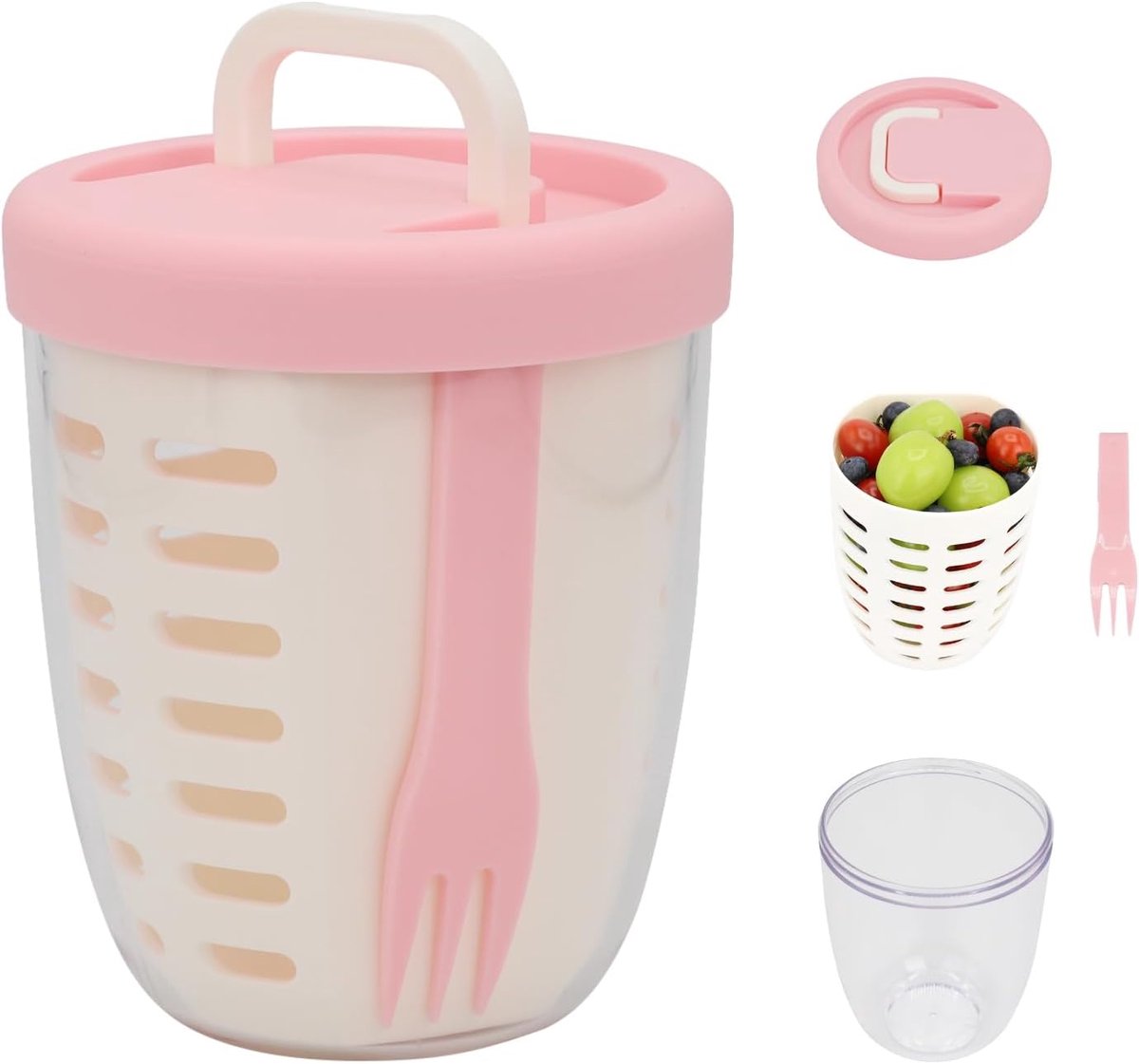 Fruit Bowl - Salad Bowl - Leakproof reusable food container with lid and draining basket - Suitable for work, school, and travel. - 650 ml (Pink) - Image 1