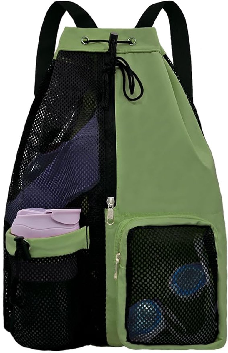 Backpack - Sports Bag - Travel Bag - Training Bag - Swimming Bag - 30*15*45cm - Mesh Material - Drawstring Design - Side Storage Space - Unisex - Suitable for fitness, swimming, traveling, dancing, camping（Vegetable） - Image 1