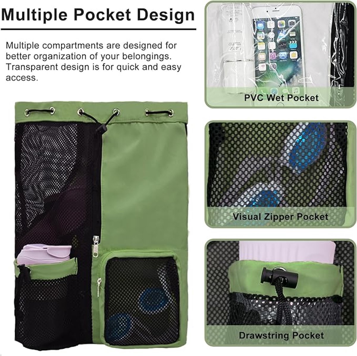 Backpack - Sports Bag - Travel Bag - Training Bag - Swimming Bag - 30*15*45cm - Mesh Material - Drawstring Design - Side Storage Space - Unisex - Suitable for fitness, swimming, traveling, dancing, camping（Vegetable） - Image 3