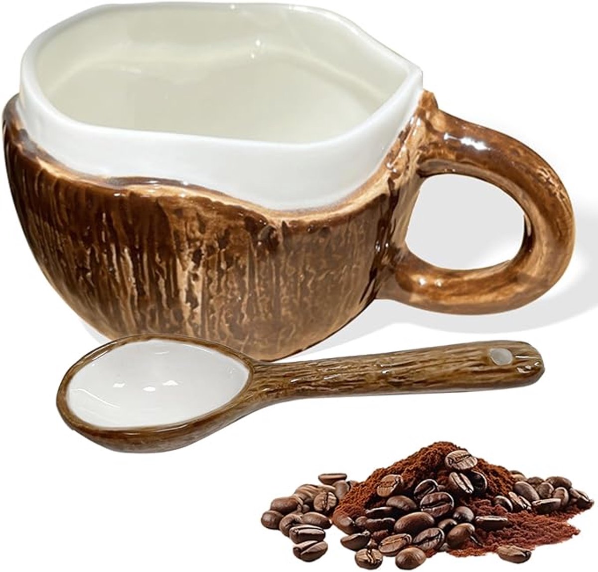Drinking Cup - With spoon - Ceramic mug - Shape of coconut - Capacity 10oz - Suitable for tea, oatmeal, hot chocolate, etc. - Nice gift mug for home and office - Image 1