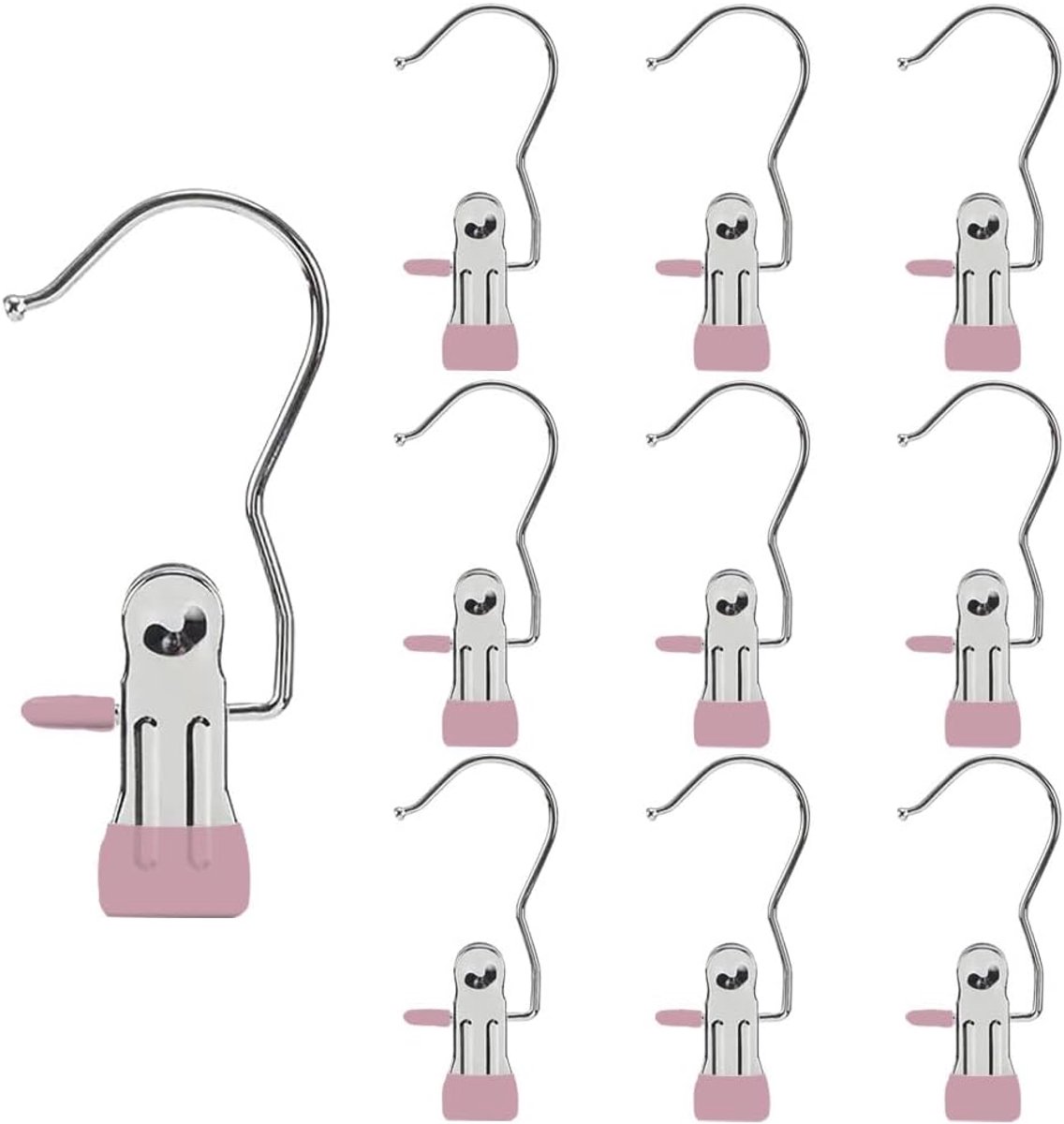 Clothes Pegs - Hangers with Clips - Stainless Steel Trouser Clips with Anti-Slip - Clothes Hooks - Hat Clips - Sock Clips - For Skirts, Trousers & Scarves (Pink, Pack of 10) - Image 1