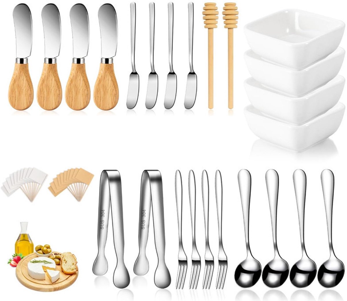 cutlery set - 44-piece set - cheese knife | pastry forks | oval coffee spoons | kitchen tongs & serving tongs | stirring spoon | ceramic bowl | blank food labels - Image 1