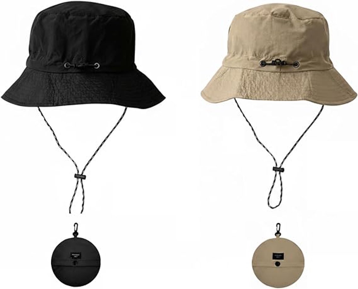 Hat - Sun Hat - Outdoor Jungle Hat - Foldable Bucket Hat - Rain Hat - Unisex - With Removable Chin Strap - 2-Piece (Black + Khaki) - Image 1