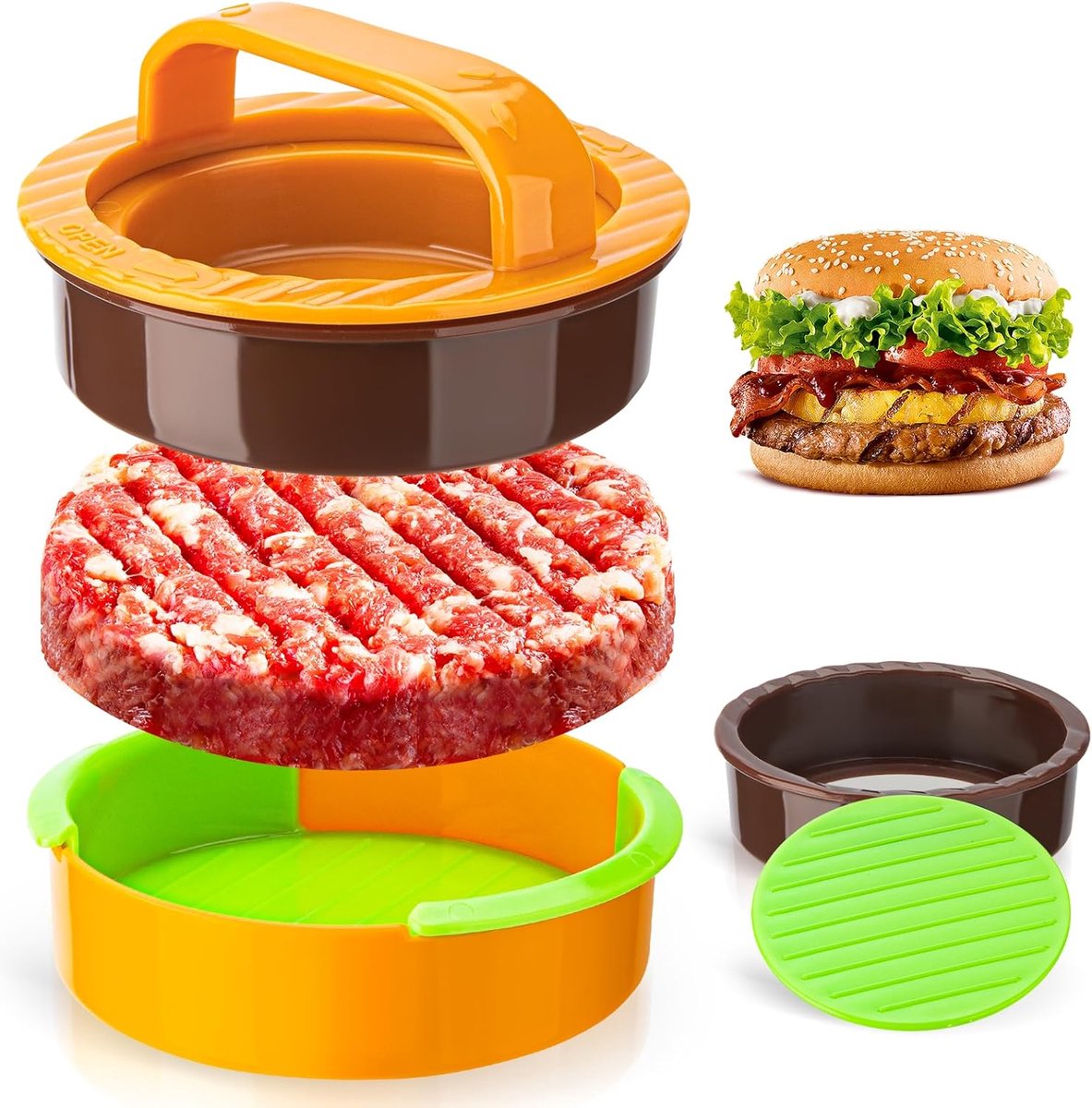 3-in-1 Hamburger and Hamburger Press - Hamburger Mold - Non-stick, durable patty maker for stuffed burgers and sliders - Easy to clean - Orange - Image 1