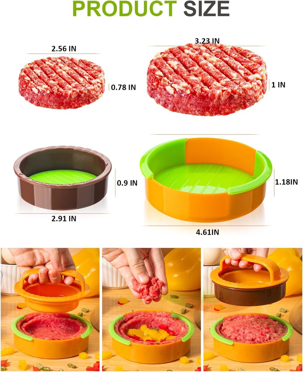 3-in-1 Hamburger and Hamburger Press - Hamburger Mold - Non-stick, durable patty maker for stuffed burgers and sliders - Easy to clean - Orange - Image 7