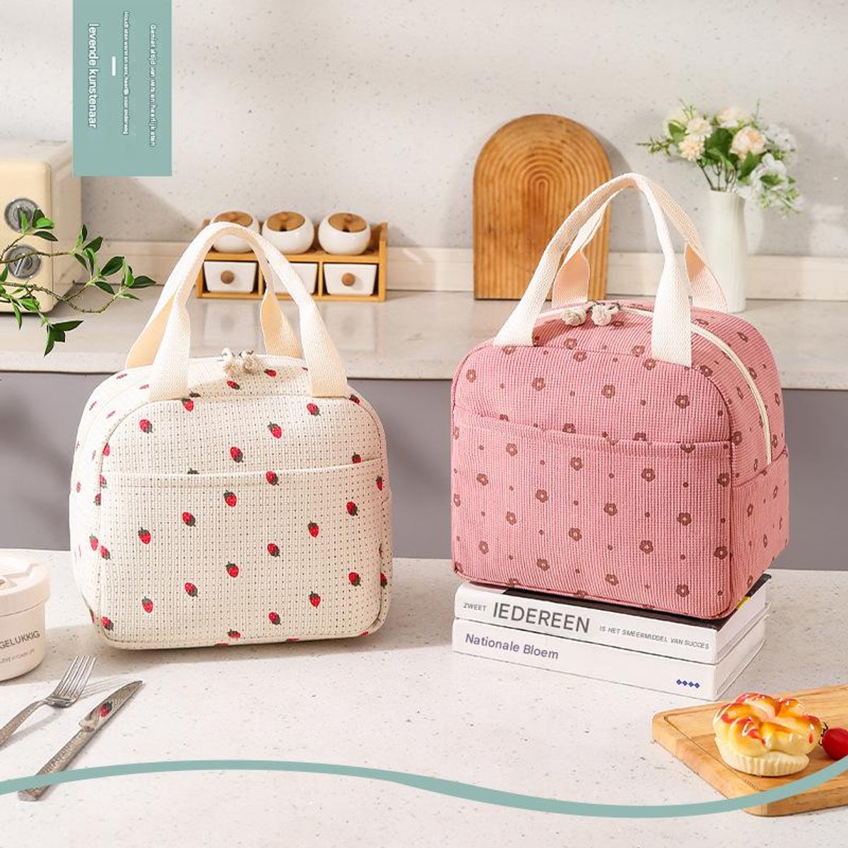 Lunch Bag - Corduroy - Lunch Box for Students/Office Workers - Insulated Bag - Waterproof - Portable Handle - Cute Lunch Bag - Beige - Image 2